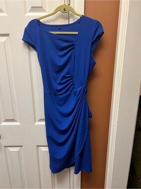 Cap-Sleeve Royal Blue Midi Dress with Side Drape